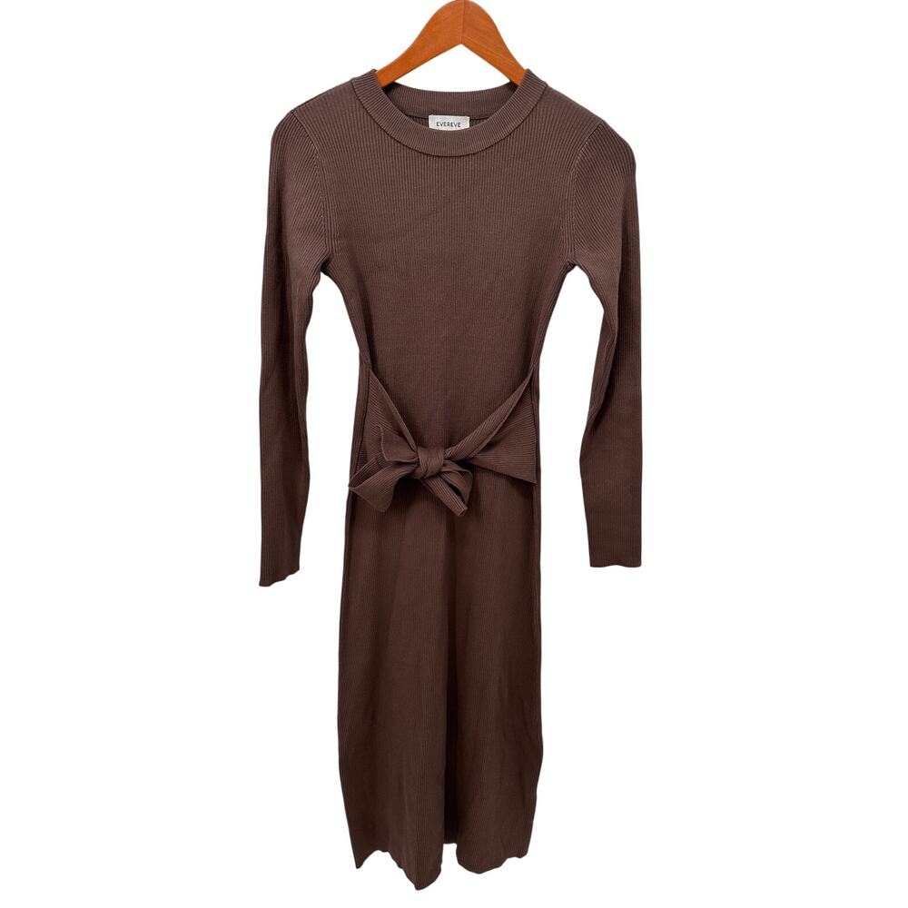 EVEREVE New Brown Ribbed Alfie Tie Waist Knit Sweater Midi Dress // XS